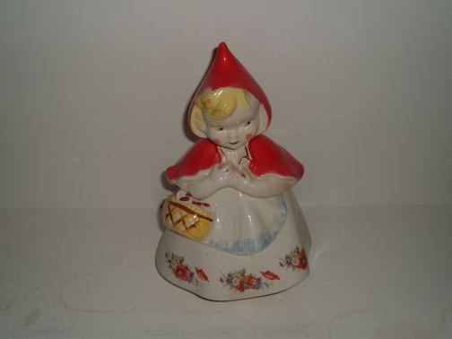 Little Red Riding Hood Closed Basket Cookie Jar by Hull. Marked: "LRRH PatDes 135889". Manufacture date is unknown. The jar is from a private collection and is in excellent condition.