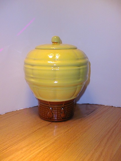 McCoy - Hot Air Balloon - Yellow Cookie Jar. From a Private Collection this McCoy Cookie Jar is in Mint condition.  The jar is certified as an original McCoy. Mark:  USA, circa 1985-86