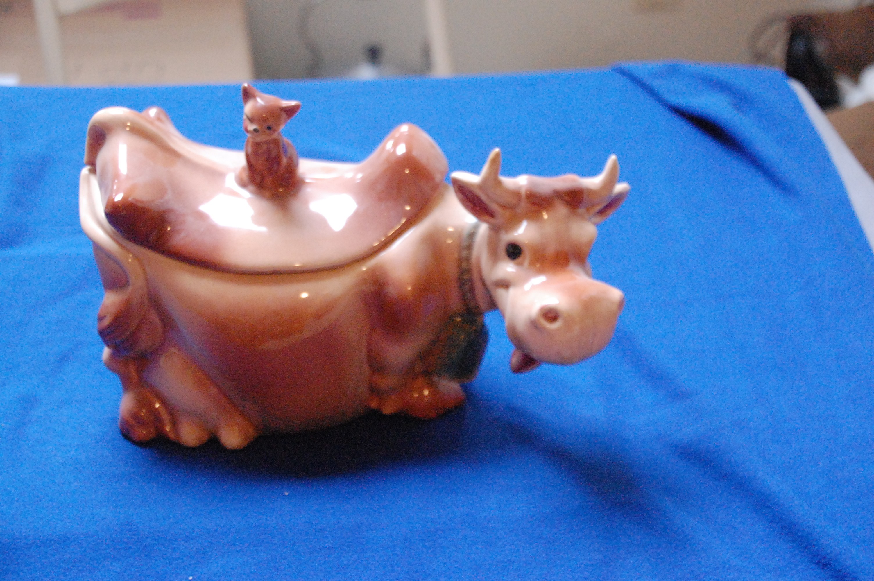 Cow with Cat Finial Cookie Jar